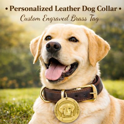 Custom Leather Dog Collar with Engraved Brass Name Tag & Bell