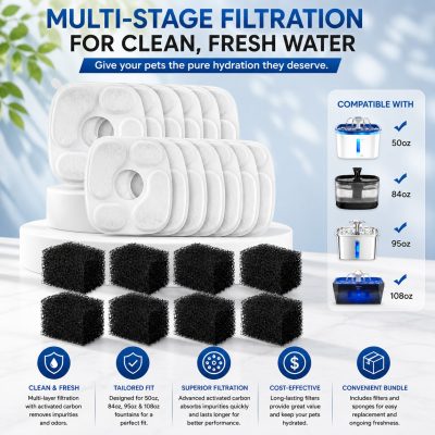 Cat Water Fountain Replacement Filter Set for 67oz–135oz Fountains