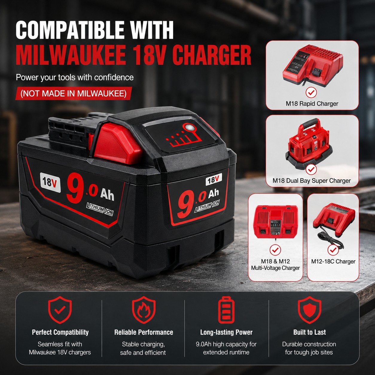 18V 9.0Ah Replacement Battery for Milwaukee M18 Tools - Image 2