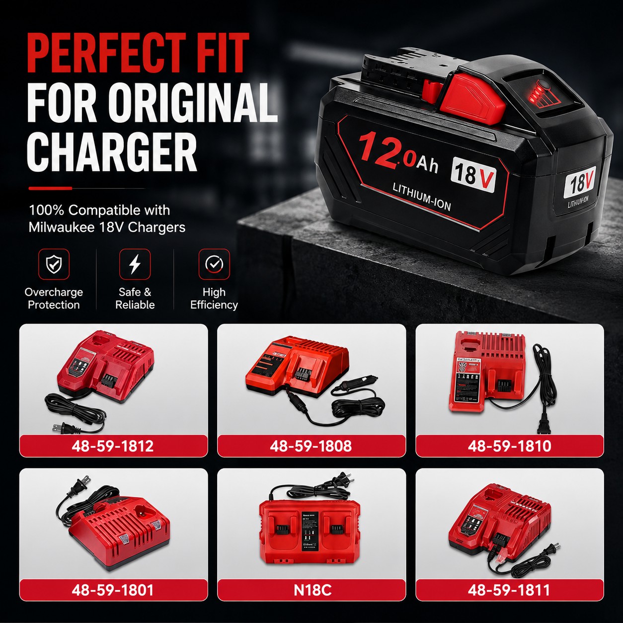 18V 12.0Ah Replacement Battery for Milwaukee M18 Tools - Image 2